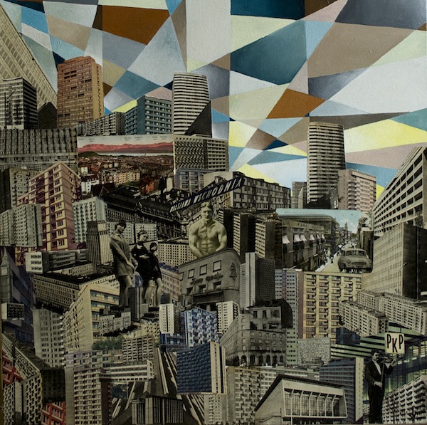 Mateusz Szczypiński, Warsaw East 2012, collage oil on canvas, 55x55cm